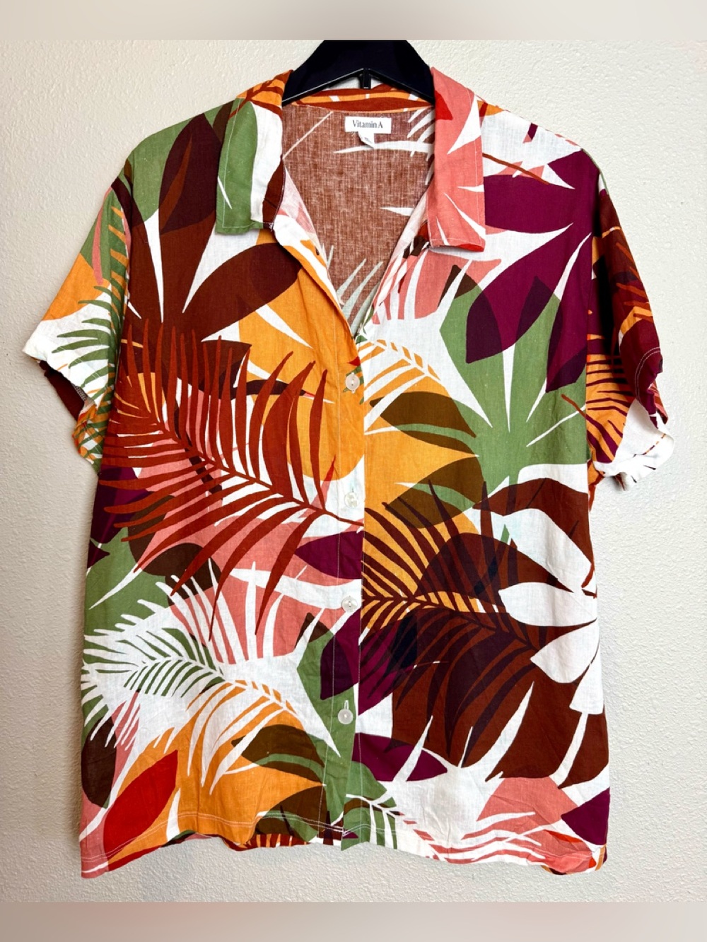 Vitamin A Tropical Women’s Linen Blend Camp Shirt Boxy Fit Button Down XL Hawaii